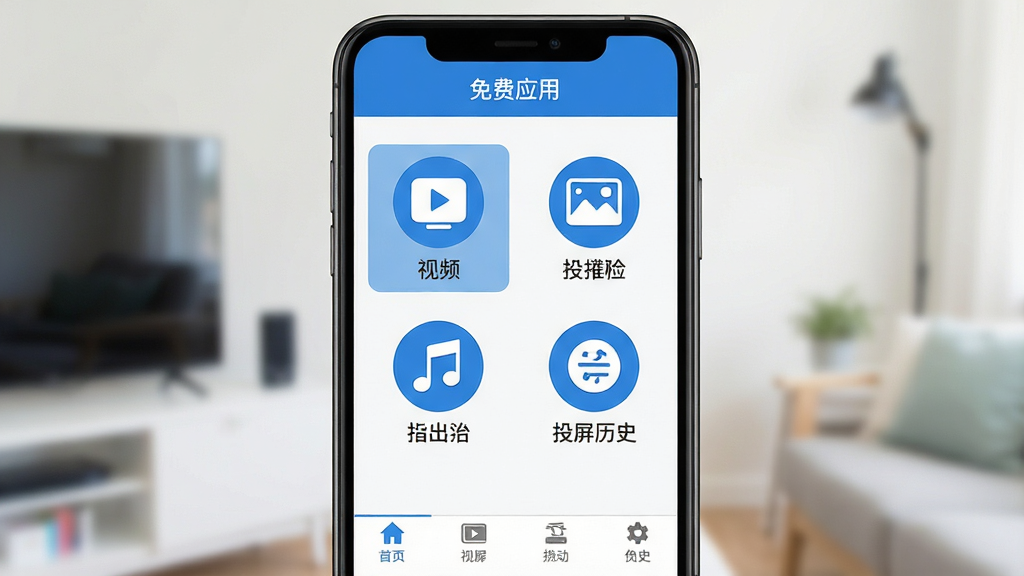 TV电视投屏免费应用主界面展示,手机屏幕居中,界面包含投视频、投图片、投音乐、投屏历史四个功能图标,布局为上下结构顶部标题栏底部导航栏,风格为清爽扁平化设计,细节包括蓝色主色调和简洁图标,画质高清干净无多余元素