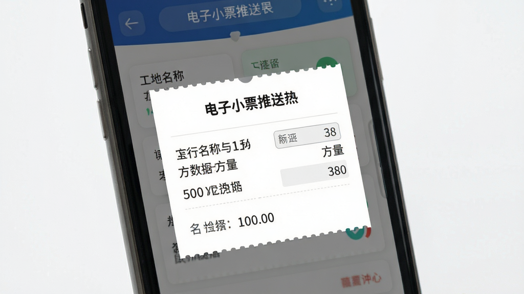 砼行驾驶员电子小票推送界面,主体为手机屏幕弹出电子小票卡片,布局上下排列,排版清晰,风格为简约商务白,细节包含工地名称与方量数据字段,画质高清干净无多余元素