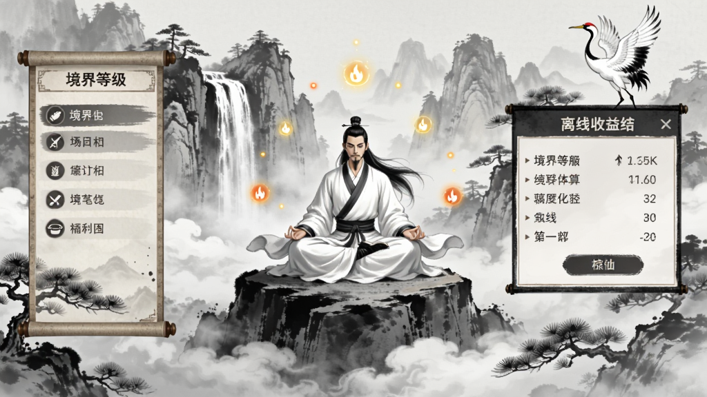 ˮī����������Ϸ���棬����Ϊһλ��������������ɽ�۴�����������ΧƯ���ŷ������Ϊ��㣬�������Ϊ����ȼ�����Ҳ�Ϊ����������㵯�����Ű������ֻ���Ļ���������Ϊ�й�ˮī���磬ϸ�ڰ���Զɽ���١������ɺס�����ʽUI�߿򣬻��������ɾ��޶���Ԫ��