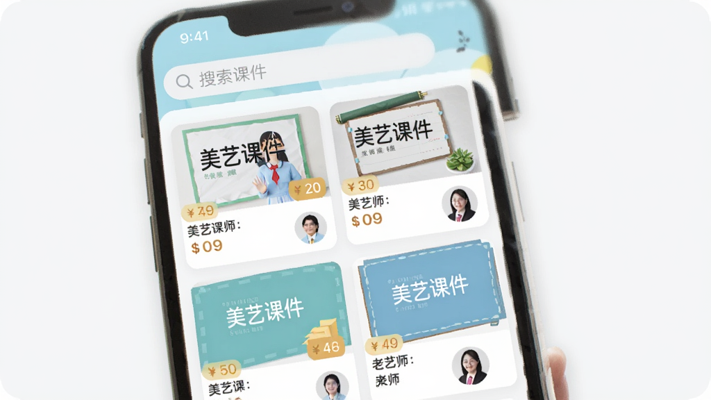 �ֻ�Ӧ�ý���չʾ������Ϊ���տμ�APP��ҳ�μ��б�������Ϊ�������������·����пμ���Ƭ�����Ű����࣬���Ϊ����ǳɫ��ƽ����ƣ�ϸ�ڰ����μ���������ͼ���۸��ǩ����ʦͷ�񣬻�������������ɾ����޶���Ԫ��