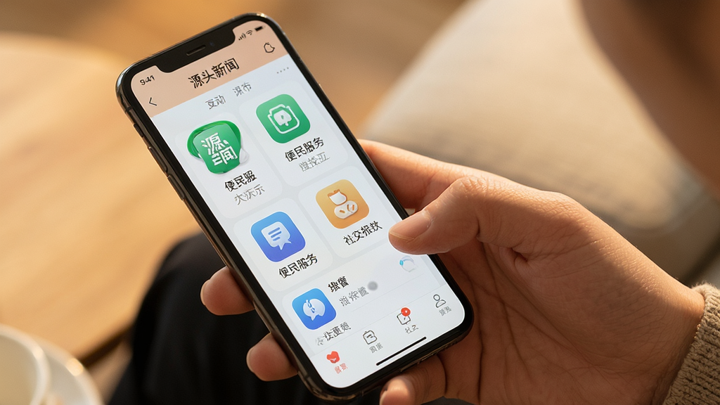 一位用户手持手机浏览“源头新闻”应用,屏幕显示便民服务与社交互动界面,布局为人手与手机特写,排版突出应用功能图标,风格为生活化写实摄影,细节包括温暖光线、清晰屏幕内容、自然手持姿态,画质高清、干净、无多余元素