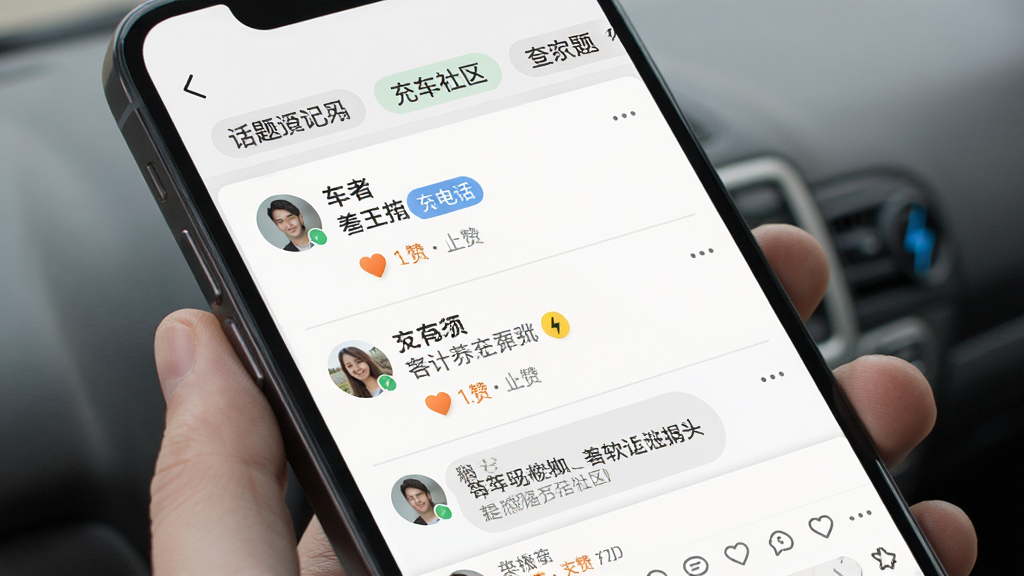 充电吧软件车主互动社区界面展示,主体为手机屏幕中车主发帖列表和评论互动区域,布局为上下滚动信息流加顶部话题标签,排版清晰有层次,风格为清新社交化设计,细节包含头像、点赞图标、充电话题标签,画质高清干净无多余元素