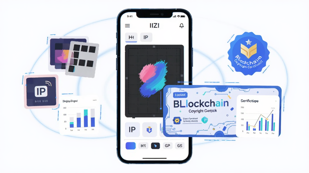 软件名称IIZI,主体为手机屏幕展示数字艺术创作界面与区块链版权证书卡片,布局为居中手机加左右悬浮的创意素材与版权徽章,排版简洁对称,风格为现代科技感扁平插画,细节包含蓝色光效线条、数字画板、IP标签与资产图表,画质高清干净无多余元素