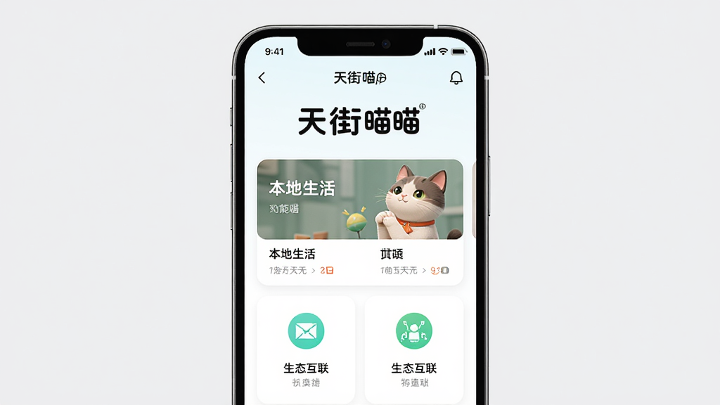 天街喵应用界面展示,主体为手机屏幕中央显示天街喵APP首页,布局为上下结构上方品牌标识下方功能卡片,排版简洁居中,风格现代清新,细节包含本地生活卡片与生态互联图标,画质高清干净无多余元素