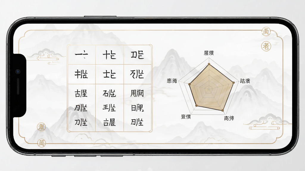 手机屏幕展示山上人八字排盘界面,主体为居中排布的四柱干支表格与五行雷达图,布局上四周留白干净,排版采用上下结构,风格为简约国风科技感,细节包含淡金色线条描边与浅灰背景,画质清晰锐利,画面干净无多余元素