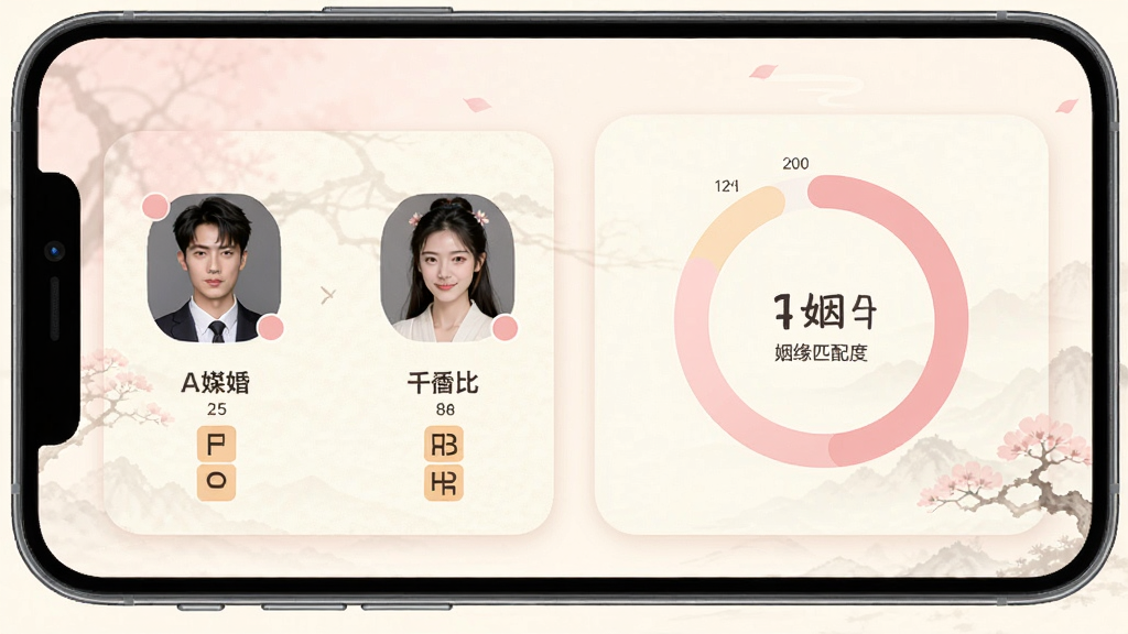 手机界面展示山上人合婚测试结果页,主体为双人八字对比卡片与姻缘匹配度环形图,布局上下分区清晰,排版左右对称,风格清新柔和国风,细节包含淡粉与米白配色、圆角卡片,画质高清,画面干净整洁无多余元素