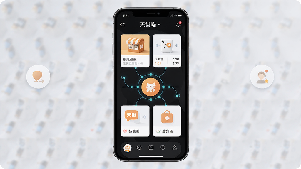 天街喵软件界面展示,主体为手机屏幕中的生态互联矩阵首页,布局居中对称,排版清晰分区,风格现代简约科技感,细节包含店铺卡片、连接线条与温暖社区图标,画质高清干净无多余元素