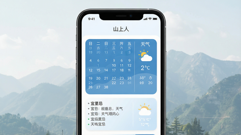 主体为手机屏幕展示山上人应用首页日历与天气模块,布局为居中手机正面视图,排版上方为应用名称“山上人”,风格为清爽简约扁平化设计,细节包含日历格子、天气图标与宜忌文字,画质清晰干净无多余元素