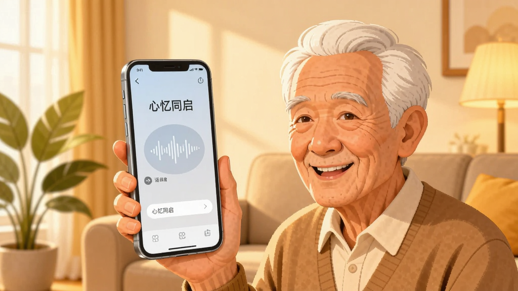 画面主体为一位白发老人微笑着对着一部大屏手机说话,手机屏幕显示“心忆同启”语音对话界面,背景是温暖明亮的客厅,布局为老人与手机居中对齐,左侧有绿植点缀,排版简洁留白充足,风格为温暖写实插画,细节包括老人慈祥的表情、手机界面上的声波图标、柔和的暖黄色灯光,画质清晰干净无多余元素