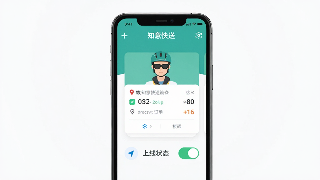 手机屏幕展示知意快送骑手接单界面,主体为一部竖屏智能手机,布局居中,排版简洁,风格为现代扁平化UI设计,细节包含订单卡片、导航按钮、上线状态开关,画质清晰,干净,无多余元素