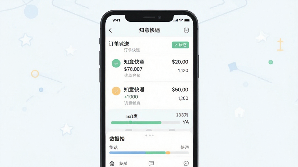 知意快送软件订单明细页面手机截图风格插画,主体为手机界面,布局居中,排版整齐,风格为清爽浅色扁平风,细节包含订单列表、状态标签、数据统计条,画质清晰,干净,无多余元素