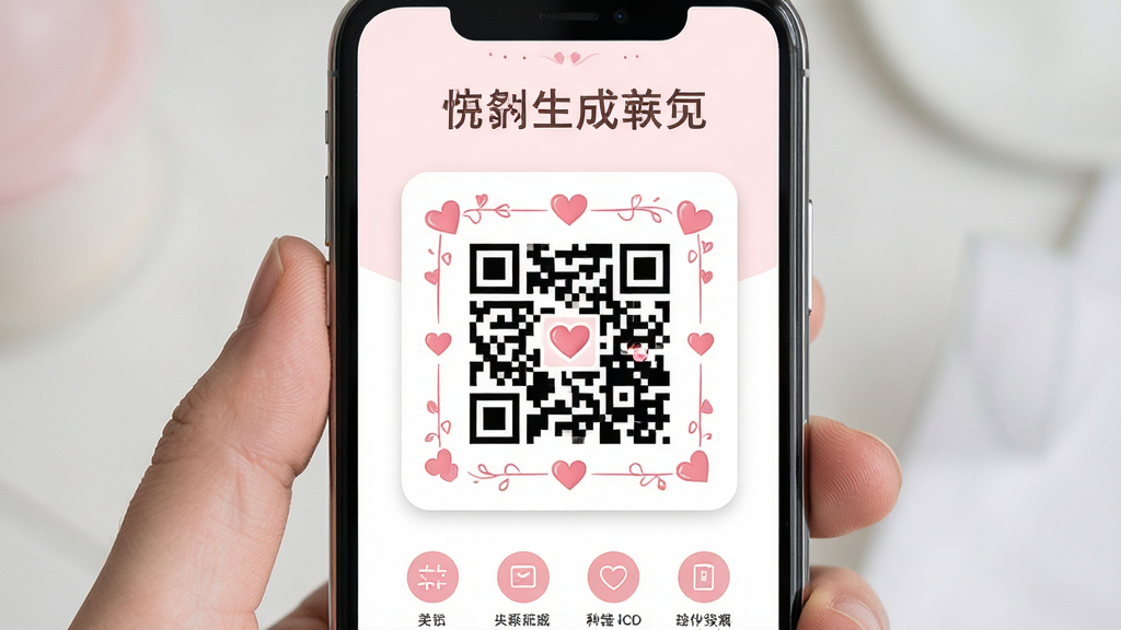 二维码生成美化器软件界面展示,主体为手机屏幕中央显示一枚精致的情书二维码卡片,布局为上下结构上方标题下方功能图标排列,排版简洁居中,风格清新浪漫浅粉色系,细节包含爱心装饰与二维码美化边框,画质高清干净无多余元素