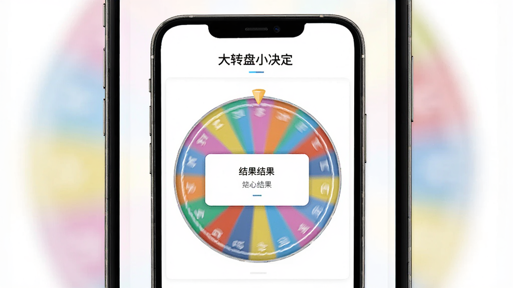软件名称“大转盘小决定”,画面主体为手机屏幕展示轮盘转动结果页面,布局为竖屏居中,风格简洁明快,细节包括彩色扇区与结果弹窗,画质清晰干净,无多余元素