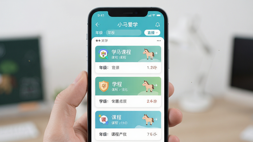 С����ѧ�������棬����Ϊ�ֻ���Ļչʾֱ���γ��б�������Ϊ�����������У��Ű������������Ϊ���½�����UI��ϸ�ڰ����γ̿�Ƭ��ѧ��ͼ�ꡢ�꼶ɸѡ�������ʸ���ɾ��޶���Ԫ��