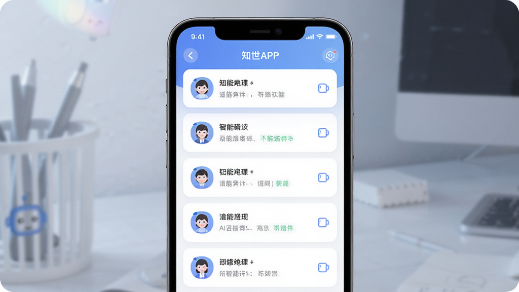 知世APP界面展示,主体为手机屏幕中显示多个AI智能体对话列表,布局居中对称,排版清晰,风格现代科技感,细节包含柔和光影与简洁图标,画质高清干净无多余元素