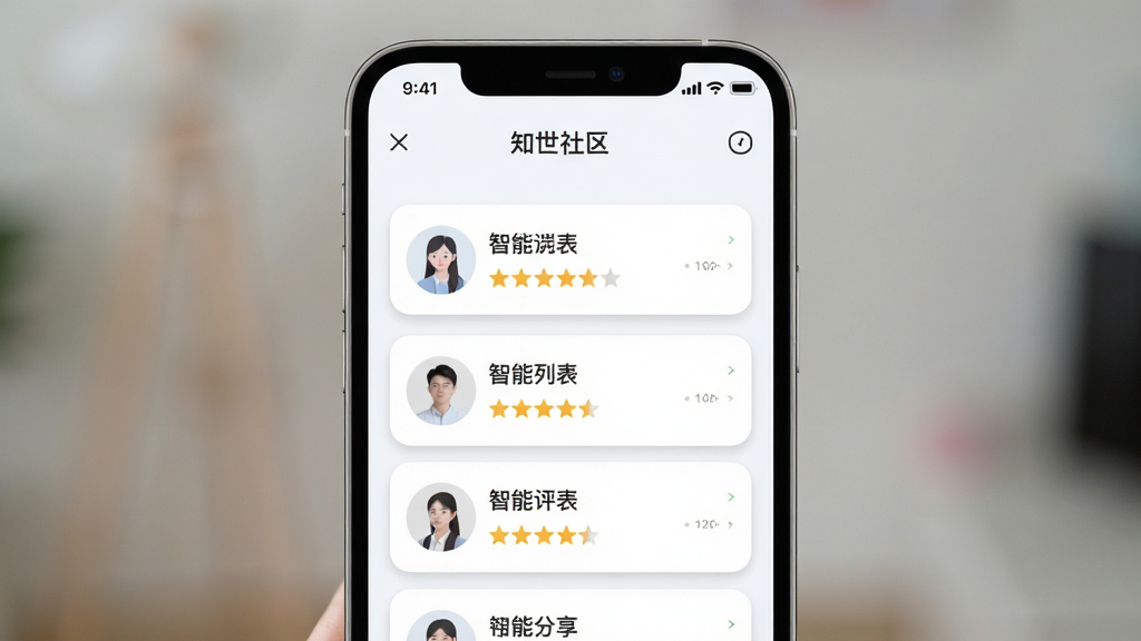 知世社区分享页面截图风格,主体为手机界面展示智能体列表与评价星级,布局上下分层,排版整齐,风格清新浅色,细节包含圆角卡片与柔和阴影,画质清晰干净无杂乱元素