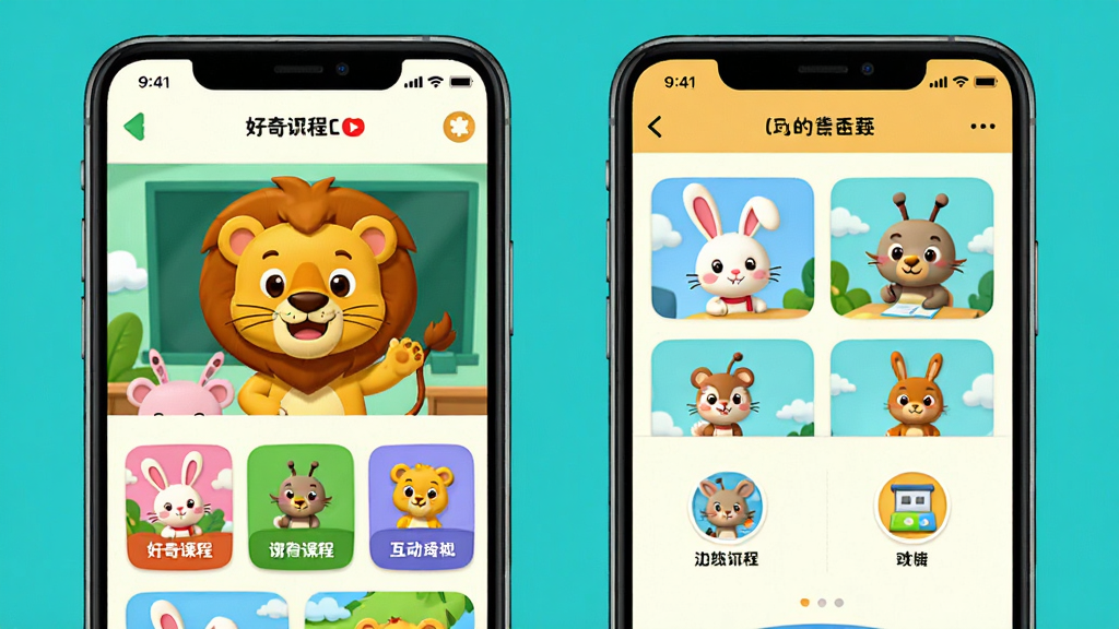 好奇动物软件界面展示,主体为卡通动物角色与儿童学习场景,布局为手机屏幕内展示视频课程与互动百科页面,排版清晰分区明确,风格为明亮活泼的卡通教育风,细节包含小狮子、小兔子等动物形象与彩色课程卡片,画质高清干净无多余元素