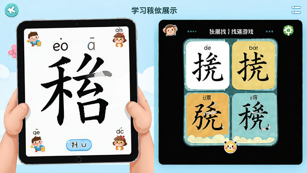 找了个茬软件界面展示,主体为卡通儿童手持平板学习汉字,布局左侧为汉字笔画书写区右侧为找茬游戏画面,排版上下分区清晰,风格清新童趣,细节包含拼音标注与趣味插图,画质高清干净无多余元素