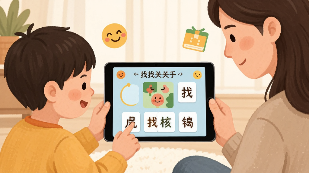 找了个茬边玩边学场景,主体为儿童与家长一起使用平板,布局为屏幕中央显示找茬关卡与汉字卡片,排版左右互动自然,风格温馨家庭氛围,细节包含笑脸与学习元素,画质清晰干净无多余元素