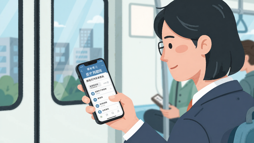 Boogu-Image生成图片:一位房产中介在通勤地铁上用手机刷房地产经纪人刷题狗题库,屏幕显示章节练习界面,人物自然,场景真实,扁平插画风格,色调清爽,画质清晰,干净无多余元素