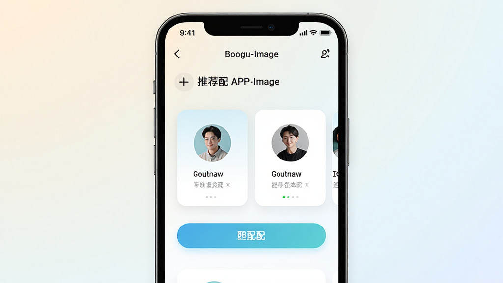 Boogu-Image 生成一张手机应用界面展示图,画面中央是一部智能手机,屏幕上显示有枝APP的推荐匹配页面,包含用户头像卡片和匹配按钮,背景为浅色渐变,布局居中对称,风格清新简约,细节清晰,画质高清干净无多余元素