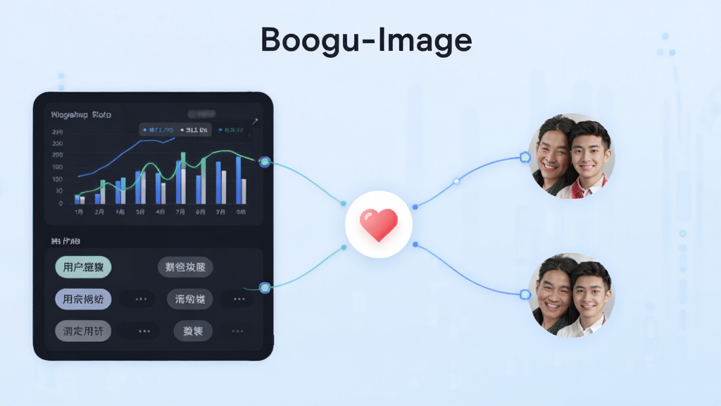 Boogu-Image 生成一张展示有枝APP智能匹配功能的场景图,画面左侧为数据图表和用户标签,右侧为两位用户头像通过智能连线匹配,中间有爱心图标,背景为淡蓝色科技感渐变,布局左右对称,风格简洁现代,细节清晰,画质高清干净无多余元素