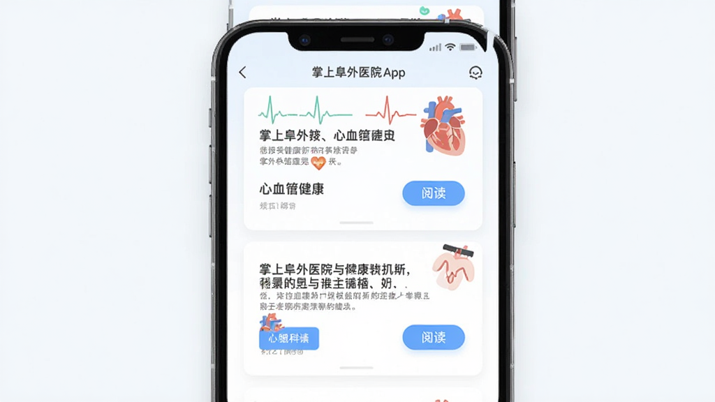 ���ϸ���ҽԺApp��������ҳ��չʾ���ֻ�������������Ѫ�ܽ������¿�Ƭ�������ĵ�ͼ������廭Ԫ�أ�ǳɫ���������й�ͼ���Ű��࣬��ƽ�廭���ϸ�ڰ������±������Ķ���ť�������������ɾ����޶���Ԫ��