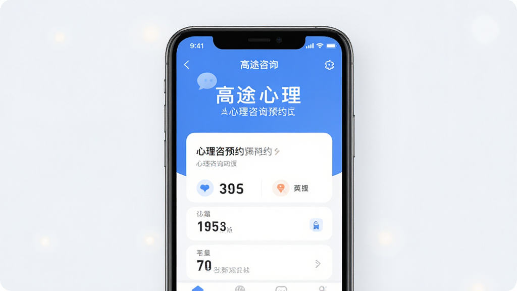 高途心理 手机应用界面 心理咨询预约页面 简洁清新风格 蓝白色调 布局清晰 排版整齐 现代扁平化设计 细节精致 高清画质 干净无多余元素