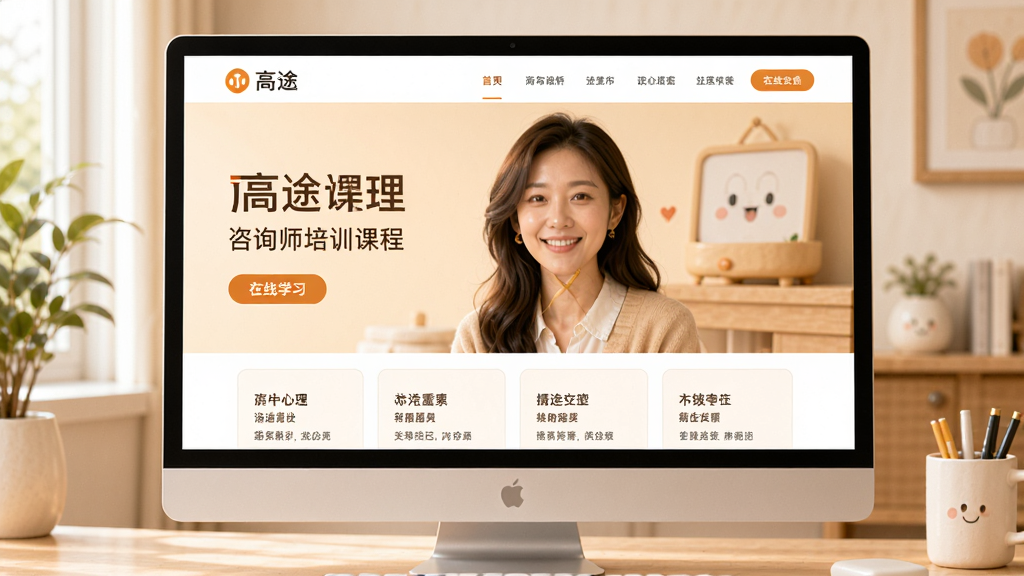 高途心理 咨询师培训课程页面 在线学习界面 明亮舒适风格 暖色调 布局规整 排版清晰 现代简约设计 细节丰富 高清画质 干净整洁