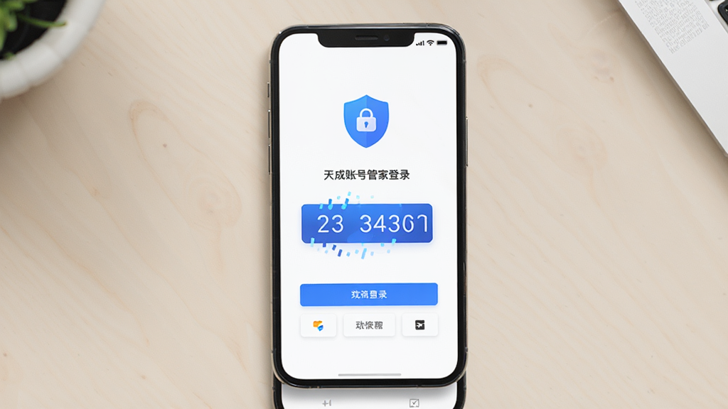 主体为一部智能手机屏幕显示天成账号管家登录界面,布局为手机居中放置于浅色桌面,排版简洁清晰,风格为现代科技感扁平化设计,细节包括蓝色安全盾牌图标、动态码数字区域、功能按钮排列整齐,画质高清干净无多余元素