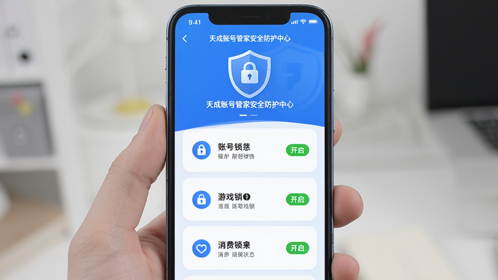 主体为手机屏幕展示天成账号管家安全防护中心页面,布局为盾牌图标居中上方、功能列表纵向排列,排版规整有序,风格为清爽蓝色调安全主题,细节包括账号锁、游戏锁、消费锁图标及开启状态标识,画质清晰干净无多余元素