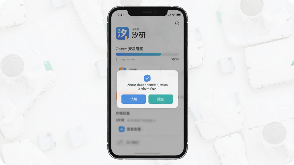 手机屏幕显示汐研应用安装进度条与权限授权弹窗,界面简洁,按钮高亮,布局居中,扁平化设计风格,细节清晰,画质干净高清,无多余元素