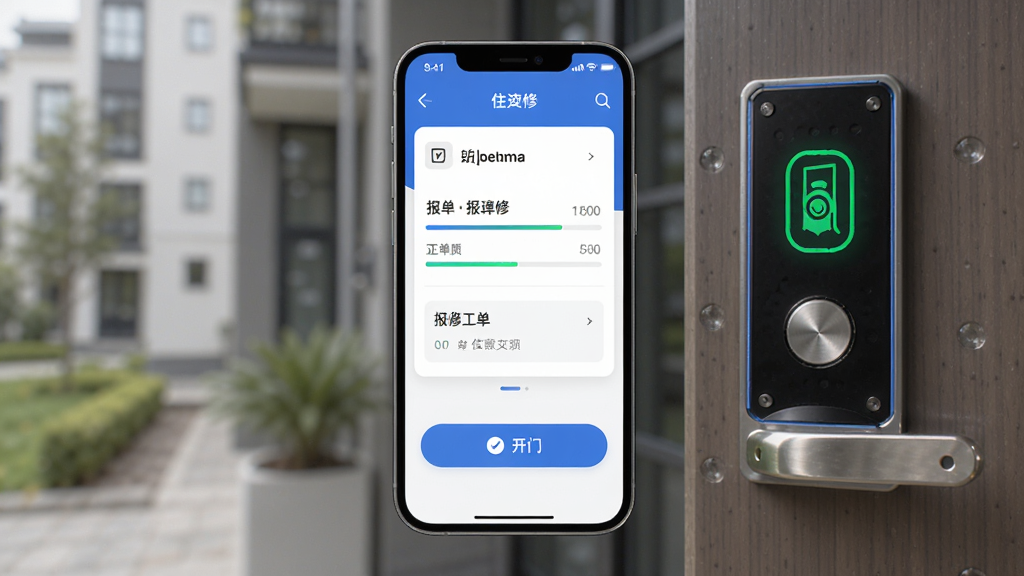住这儿app物业自助服务界面展示,手机屏幕显示报修工单与开门按钮,主体为手机与小区门禁场景,布局居中突出手机屏幕,排版简洁,风格现代科技感,细节包含工单进度条与门禁图标,画质高清干净无多余元素