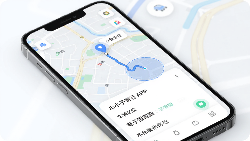 С������APP������λ��켣׷�ٹ���ʾ��ͼ������Ϊ�ֻ���Ļ��ͼ���棬������Ϊ��ͼ��Ϊ�켣��Ϣ��Ƭ���Ű��η��������Ϊ��ˬǳɫϵ�Ƽ��磬ϸ�ڰ�����λͼ�ꡢ�켣·�ߡ�����Χ����ΧȦ�����ʸ���ɾ��޶���Ԫ��