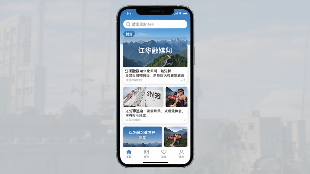 手机屏幕展示江华融媒APP首页新闻列表界面,主体为一部竖屏手机,布局居中,排版简洁,风格现代扁平化,细节包含新闻卡片、底部导航栏、顶部搜索框,画质清晰,干净,无多余元素
