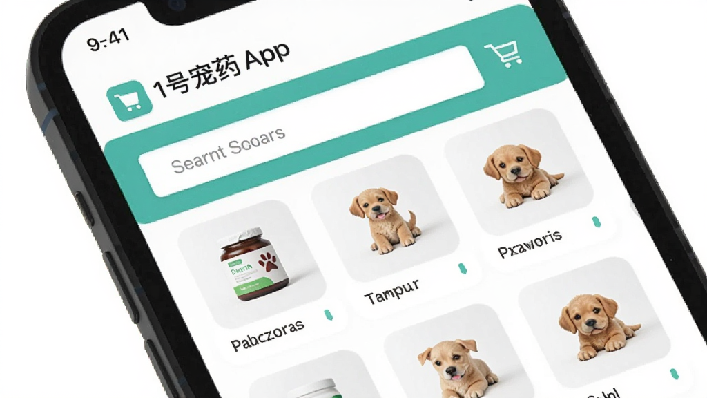 手机屏幕展示1号宠药App首页,主体为宠物药品分类列表与搜索框,布局居中,排版清爽,风格为现代扁平化UI,细节包含购物车图标与商品缩略图,画质清晰,干净,无多余元素