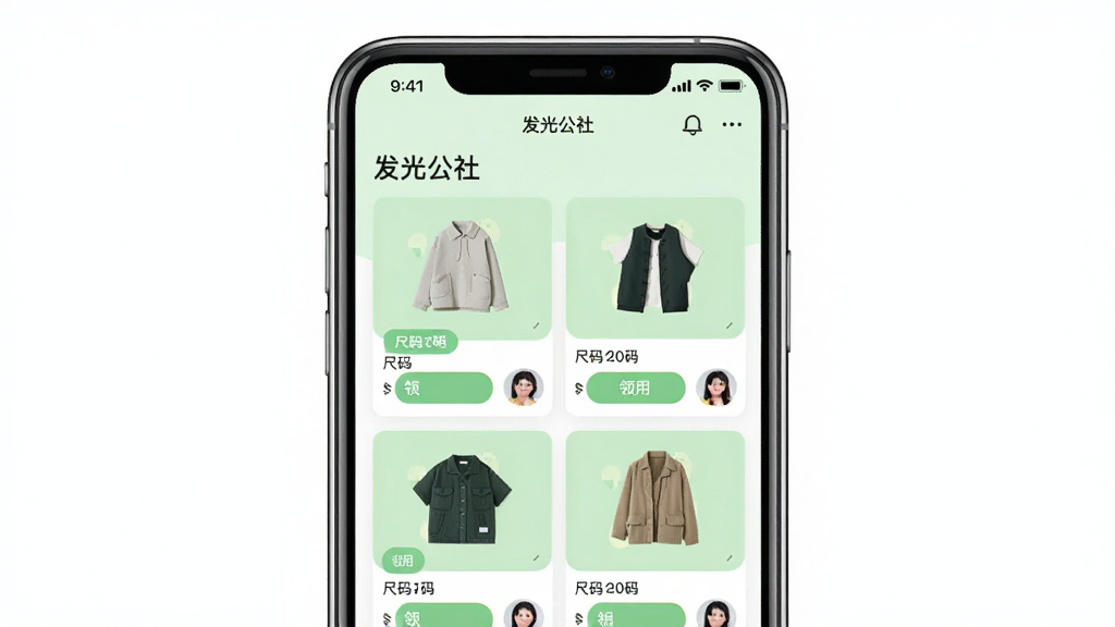 主体为一部手机屏幕展示发光公社app的闲置互赠列表页面,布局为居中手机正面展示,排版为上方软件名称“发光公社”标题加下方衣物卡片网格,风格为清新浅绿色调的扁平化UI设计,细节包括衣物缩略图、尺码标签、领用按钮和用户头像,画质清晰干净无多余元素