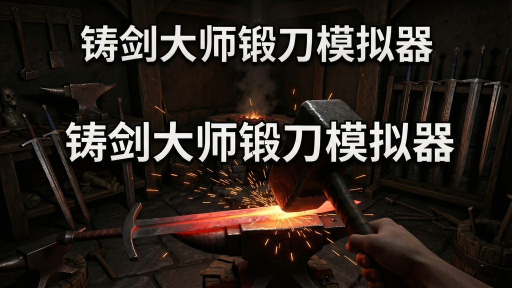 黑暗风格铁匠铺内第一人称视角,玩家手持铁锤敲击发红长剑,火星四溅,四周摆放遗物与剑架,画面中央有“铸剑大师锻刀模拟器”字样,暗色调,写实游戏风格,细节丰富,画质清晰,干净无多余元素