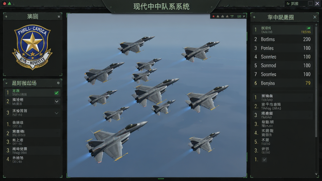 现代空战喷气战机中队系统界面,多架战机编队展示,左右分栏布局,深色军事风格,细节包含中队徽章与排行榜数据面板,高清画质,干净无多余元素