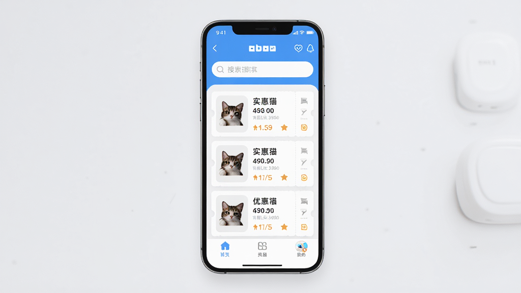 手机屏幕展示实惠猫APP优惠券查找界面,主体为一部现代智能手机,布局为居中展示手机正面,排版简洁,风格为清爽科技感,细节包括APP界面中显示商品优惠券列表和搜索框,画质高清,干净,无多余元素