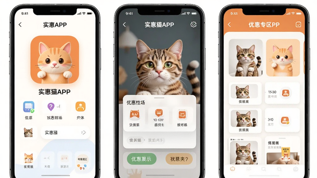 实惠猫APP功能界面与优惠专区展示图