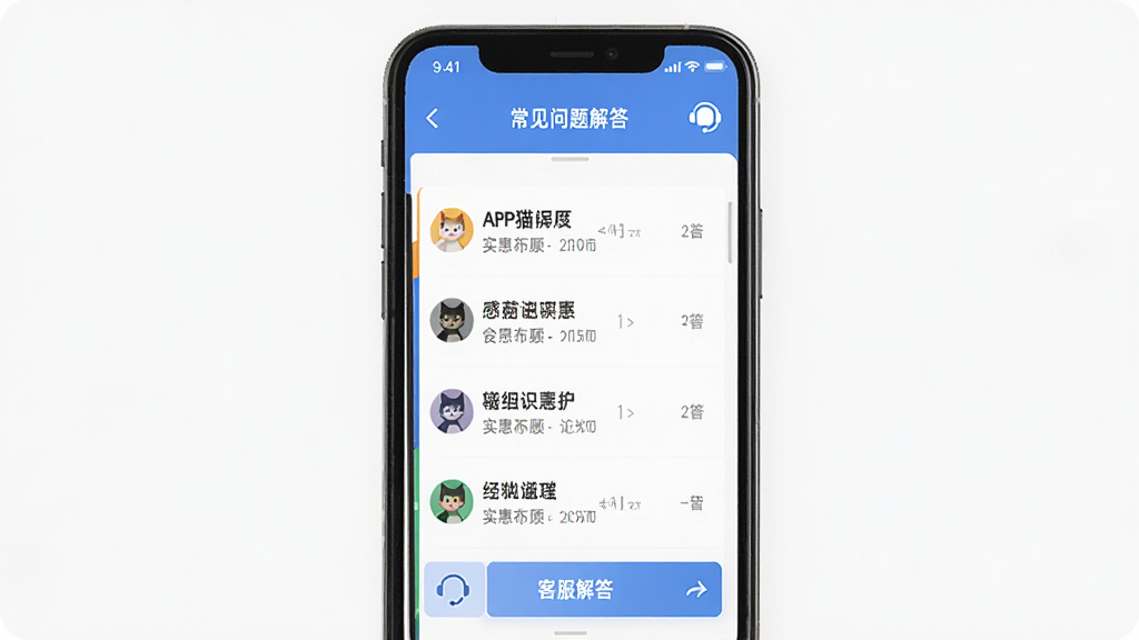 实惠猫APP常见问题解答界面示意图,主体为手机屏幕特写,布局为居中排版,风格为简洁商务,细节为界面上显示问答列表和客服图标,画质清晰,干净,无多余元素