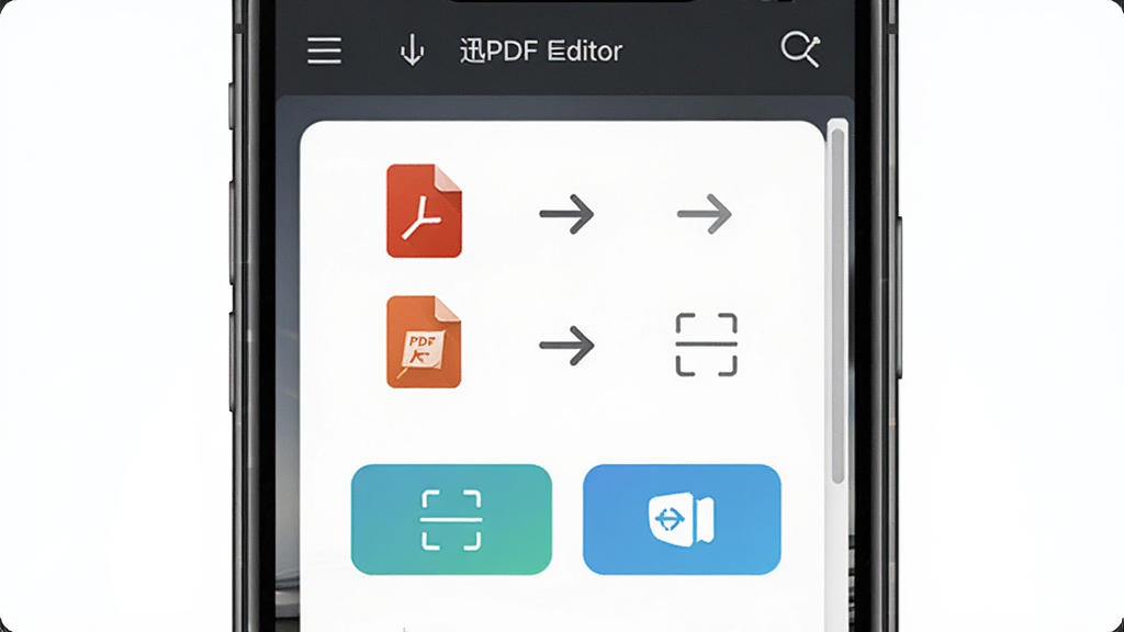 Ѹ��PDF�༭�����ܽ���չʾ������Ϊ�ֻ���Ļ��ʾPDFת����༭�����б������־��У��Ű����룬�����Ƽ��У�ϸ�ڰ���PDFͼ�ꡢת����ͷ��ɨ���뷭�밴ť�������������ɾ����޶���Ԫ��