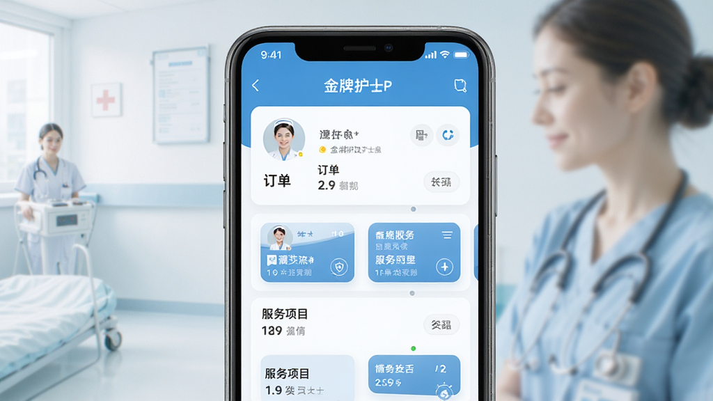 手机屏幕展示金牌护士护士端APP接单界面,主体为一部竖屏智能手机,布局居中,排版简洁,风格为清新医疗蓝白色调,细节包含订单列表、护士头像、服务项目卡片,画质清晰干净无多余元素