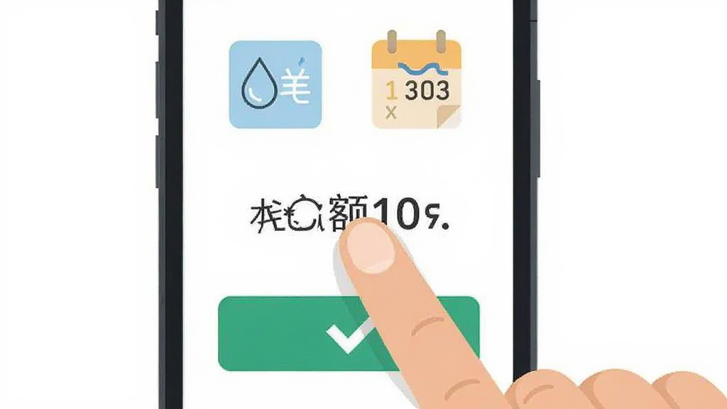 画面主体为一只手在手机屏幕上点击记录水电费金额,布局为手机居中特写,排版突出屏幕内容,风格为简约现代扁平插画风,细节包含水费电费图标、日历标记、对勾确认按钮,画质清晰干净无多余元素