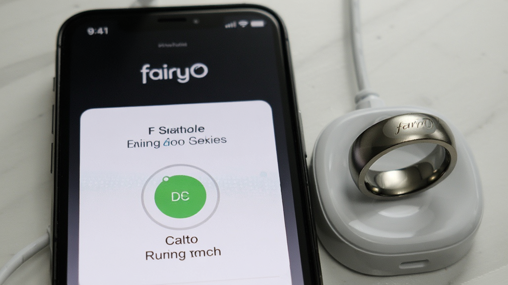 手机屏幕显示fairyO软件设备连接页面,旁边放置一枚智能戒指和充电底座,主体位于画面中央,布局为左右结构展示手机与戒指,风格清新简约,细节突出连接状态提示与戒指金属质感,画面干净无杂乱元素,高清画质