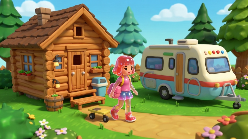果冻女孩游戏场景散步木屋房车庭院画面