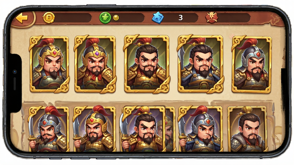 躺着就能赢游戏界面截图,三国武将卡牌展示,主体为竖版手机屏幕,布局上方显示资源栏下方为武将阵容,排版整齐清晰,风格为中国风卡通渲染,细节包含金色边框卡牌与Q版武将形象,画质高清干净无多余元素