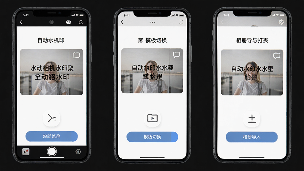 水印相机打卡全能拍照软件功能操作示意图,画面展示手机界面中自动水印、模板切换、相册导入三个功能板块,布局分栏清晰,排版规整,风格简洁商务,细节包含水印文字与操作按钮图标,画质高清干净无多余元素
