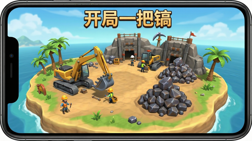 手机游戏界面展示,画面中央是一座海岛矿场,有挖掘设备和矿石堆,顶部显示游戏名称“开局一把镐”,布局清晰,排版整齐,卡通写实风格,细节丰富,画质清晰干净,无多余元素